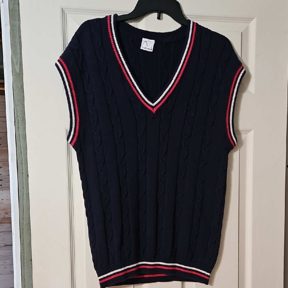 Head Red and Blue Sleeveless Vest with Textured Knit and Striped Trim